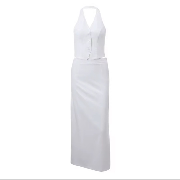 Sexy Elegant White V Neck Two Piece Sleeveless Dress - Picture 6 of 7
